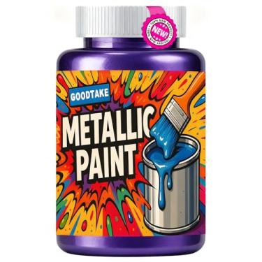 Imagem de GOODTAKE Tinta acrílica metálica | Tinta metálica roxa de 10 ml para arte, artesanato e pintura DIY | Ideal para tela, madeira, metal, pedra, vidro, argila, tecido, com pincéis (roxo, 3,5 fl.Oz)