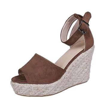 Imagem de Bigfanshu Sandálias femininas de salto alto com rebites, espadrille, plataforma, salto anabela, tira no tornozelo, tamanho grande, Marrom, 38 BR