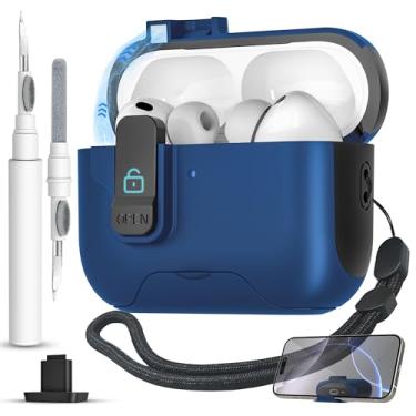 Imagem de Meiyasy Capa para AirPods Pro 3 (2025) com clipe de bloqueio seguro, capa rígida protetora contra queda total pop-up automática para Apple AirPod Pro 3ª geração com cordão e kit de limpeza (azul