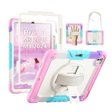 Imagem de SEYMAC Capa para iPad Pro de 13 polegadas 2024 M4 (7ª geração), capa protetora resistente à prova de choque com protetor de tela, suporte giratório de 360°, alça de mão/ombro e suporte para caneta