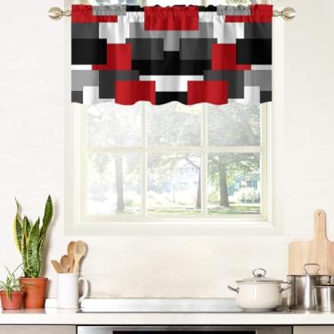 Imagem de AAtter Cortina de saia de cozinha vermelha preta para janela, bordô, retangular, geométrica, estética, retrô, arte pequena, curta, casa, sala de estar, quarto, banheiro, tecido, 1 painel, 132 cm L x