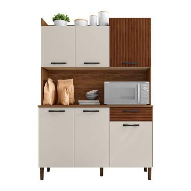 Imagem de Armário De Cozinha Compacta 6 Portas E 1 Gaveta 121cm Florença Ripado Nogueira-off White - Pallazio