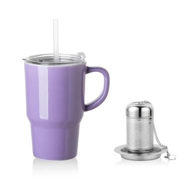 Imagem de Sweejar Xícara de chá de cerâmica com tampa, caneca de café portátil de 473 ml, caneca de viagem para lava-louças com infusor, xícara de chá reutilizável para suporte de copo de carro, amantes de chá
