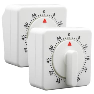 Imagem de Hitefu 2 peças de temporizador mecânico de cozinha quadrado de 60 minutos, temporizador visual de cozinha com alarme alto e sem baterias para sala de aula/casa (branco)