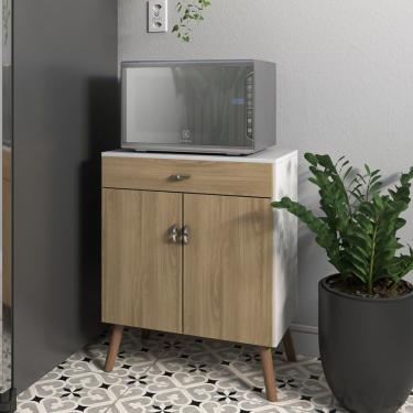 Imagem de Balcão Para Micro Ondas Cozinha Com Portas E Gaveta Pés Palito Branco - Feijó