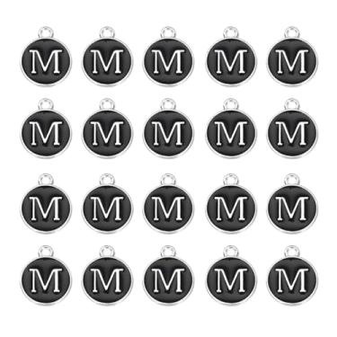 Imagem de 36 peças pingentes letra pingente pingente inicial dupla face esmalte alfabeto M para colar faça você mesmo, pulseira, brincos para fazer joias, branco e preto