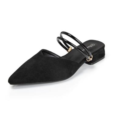 Imagem de qibusleen Sandálias femininas de salto baixo de 2,5 cm com bico fino fechado mules sandálias de camurça preta com tiras duplas casual confortável sapatos femininos, Preto, 38