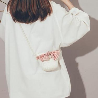Imagem de Linda bolsa de palha com laço para mulheres, feita à mão, mini bolsa de ombro, Branco, Simples