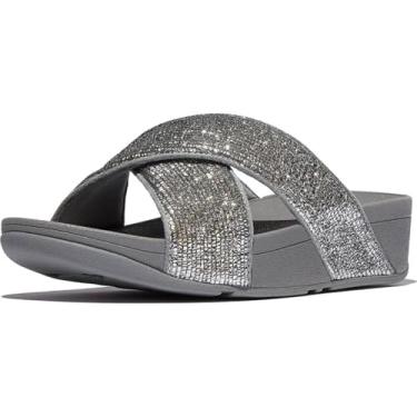 Imagem de FitFlop Sandália feminina Lulu Crinkled-Shimmer Cross Slides Wedge, Silvereen, 40