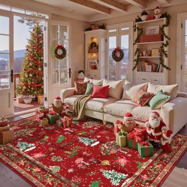 Imagem de Tapete de Natal 12 x 18 cm vermelho festival sala de estar Natal floco de neve moderno tapete boho lavável antiderrapante tapete de férias marroquino para entrada quarto