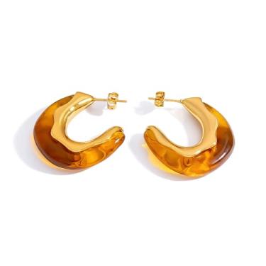 Imagem de Brincos de argola grossos de resina âmbar, brincos de aço inoxidável banhados a ouro 18 K, boêmio, acrílico, grosso, aberto, brincos, vintage, moda, aniversário, joias para mulheres e mães