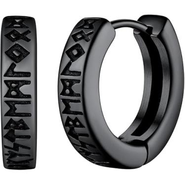 Imagem de Brincos de argola de runa viking para homens, amuleto nórdico de aço inoxidável preto, brincos de abraço gravados, joias de guerreiro mitológico