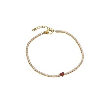 Imagem de Pulseira de tênis de coração banhada a ouro 18 K - pulseira delicada de diamante CZ - joia minimalista ajustável à prova d'água para uso diário - antimanchas, 7", Aço inoxidável, Zircônia cúbica