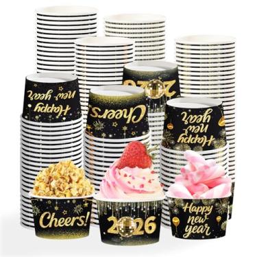 Imagem de 120 peças de copos de feliz ano novo 340 g descartáveis preto e dourado 2026 Cheers Paper Snack Bowls Holiday New Year Eve Food Yogurt Cup Containers para alimentos quentes ou frios doces inverno