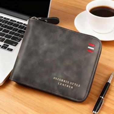 Imagem de Carteiras masculinas com zíper, carteira masculina vintage com zíper, estojo compacto de couro PU dobrável para cartão, Preto 02, Retrô