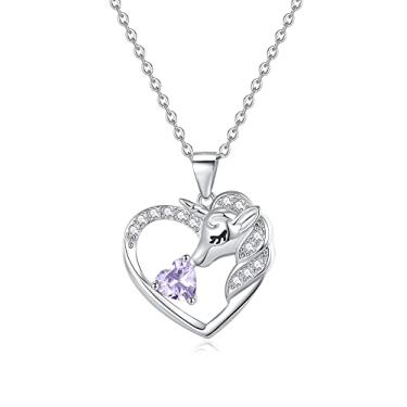 Imagem de RAODA Colares de unicórnios para meninas, colar de unicórnio banhado a ouro branco 18K para meninas adolescentes, presentes de unicórnio, colar com pedra do mês de nascimento de 1 quilate colar de coração com inicial para meninas de 4 a 6 anos, joias com pedra do mês de nascimento para meninas de 6 
