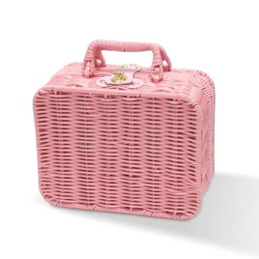 Imagem de Cesta de piquenique de vime, mala decorativa, organizador de maquiagem, cesto de armazenamento vintage, caixa de armazenamento de vime com trava de metal com alças para diversos, viagens, acampamento