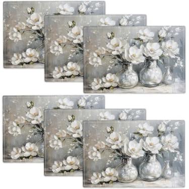 Imagem de Conjunto de 6 jogos americanos de flores brancas, tapetes de mesa florais para cozinha, sala de jantar, restaurante, 46 x 30 cm