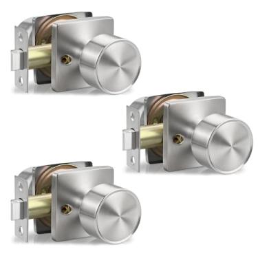 Imagem de Lepushom Maçaneta de porta de passagem sem trava interior sem chave, pacote com 3, redondo, para lavanderia de armário de corredor, moderno e silencioso níquel acetinado