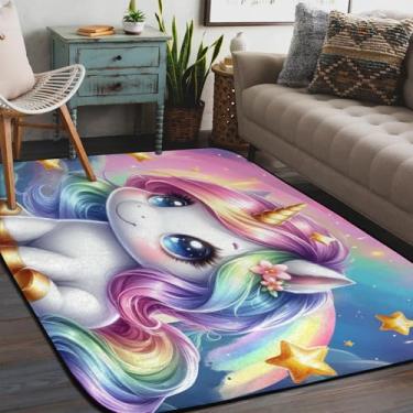 Imagem de Tapete de área para sala de estar, lavável à máquina, unicórnios brilhantes fofos, antiderrapante, tapete macio, para sala de estar, quarto, sala de jantar, berçário, cozinha, decoração de casa