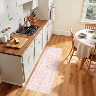 Imagem de RELEANY Tapetes de área 6,5 x 1,8 m lavável, antiderrapante, estampa floral, vintage, tapete medalhão para sala de estar, quarto, sala de jantar, rosa, cinza, rosa fofo