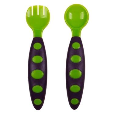 Imagem de Kit Talheres Infantis Antiderrapante Colher e Garfo Ergonômicos para Bebê Seguros, Coloridos e Fáceis de Segurar para Introdução Alimentar (Verde e Roxo)