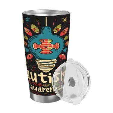 Imagem de hongjinglin Lâmpada com design de autismo, 590 ml, copo isolado de aço inoxidável com tampa, copo reutilizável de viagem, caneca de café, copos de água para bebidas frias e quentes, presentes para