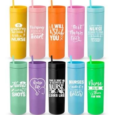 Imagem de Nosiny Nurse Week Gifts Bulk, copos de plástico skinny de acrílico colorido de 473 ml com tampas e canudos, copos skinny para presente de agradecimento de enfermeira (10 peças)