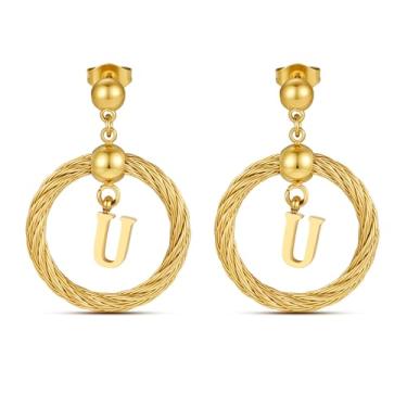 Imagem de Xiacheng Brincos de argola de ouro 18 quilates com inicial de aço inoxidável, hipoalergênicos, presentes modernos para mulheres, declaração delicada, pingente de letra A-Z, joia à prova d'água, Medium
