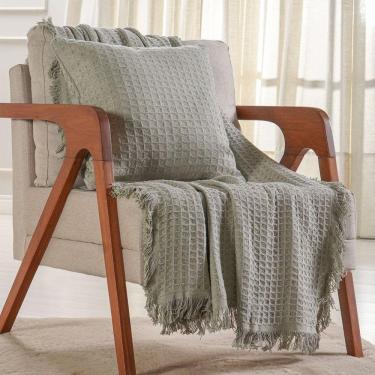 Imagem de Kit Manta E Capa De Almofada Decorativa Para Sofá Waffle 100% Algodão 120x150cm Verde Alfafa