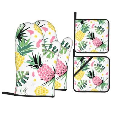 Imagem de Conjunto de luvas de cozinha estampadas e de abacaxi com suportes de tampa, luvas de forno resistentes ao calor para lidar com panelas quentes, grelhar, churrascos, kit de 4 peças.