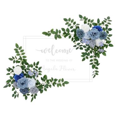 Imagem de Angela flower 2 peças azul e cinza placa de boas-vindas flores artificiais casamento pano de fundo guirlanda pendurada arranjos florais para cerimônia, recepção, placa de entrada, mesa de coração
