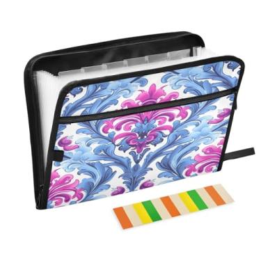 Imagem de Wassud Organizador de arquivos sanfonado rosa e azul, padrão damasco, 13 bolsos, pastas de arquivos expansíveis com abas e adesivos, tamanho carta A4, papel para recibos, documentos, pastas