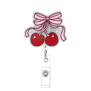 Imagem de Carretel de crachá de laço rosa cereja retrátil engraçado clipe retrátil clipes de crachá de enfermagem para enfermeira, médico, professor, colega de trabalho, mãe, coquete, acessórios para trabalho