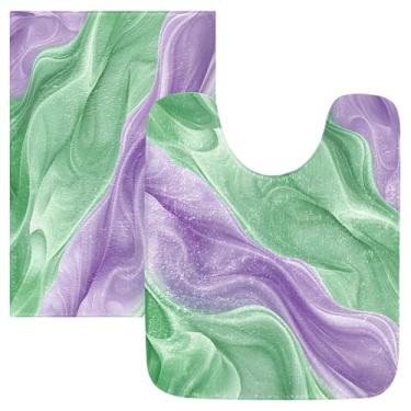 Imagem de Burbuja Conjunto de tapete de banheiro verde sedoso e roxo, tapete de banho absorvente de pelúcia macia, base de vaso sanitário antiderrapante para banheiro