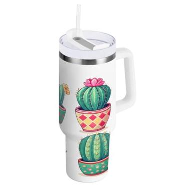 Imagem de Kigai Copo de 850 g com alça, copos isolados de planta em vaso de cacto com tampa e canudo, garrafa de água esportiva de metal grande, caneca de café de viagem de aço inoxidável