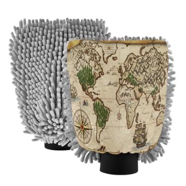 Imagem de STAYTOP Luvas retrô para lavagem de carro com mapa do mundo, 2 peças, luvas de microfibra de chenille, sem arranhões, panos de esponja de lavagem ultra absorventes para carros, limpeza doméstica - G