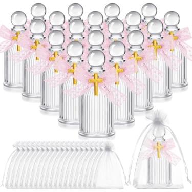 Imagem de SiliFine Conjunto de 20 garrafas sagradas de vidro 40 ml recipientes vazios com cruz de ouro para igreja católica cristã Halloween primeira comunhão batismo festa presente (laço rosa)