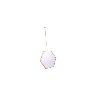 Imagem de Espelho de Parede Hexagonal, Moldura Metálica Rosê, 22cm x 23cm, Plástico Polipropileno e Vidro, com Suporte para Pendurar, Decorativo para Sala, Quarto, Banheiro