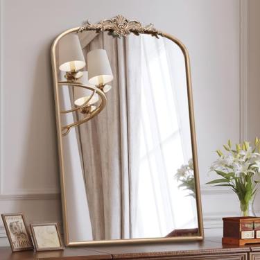 Imagem de Besdomus Espelho de parede antigo grande: espelho de parede vintage dourado champanhe arqueado de 61 cm x 91 cm - decoração de casa ornamentada tradicional para entrada/lareira/banheiro - ideia