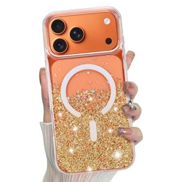 Imagem de Bonoma Capa para iPhone 17 Pro 2025 com glitter brilhante na parte de trás, magnética compatível com MagSafe à prova de choque, cristal e proteção de alta qualidade para meninas e mulheres - ouro