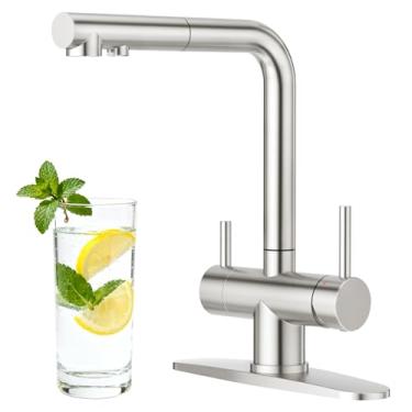 Imagem de CREA Torneira de cozinha de 3 vias com pulverizador de puxar para baixo Bico de torneira de água potável embutido para purificador de pia de bar, filtro de água, furo único, alças duplas, níquel