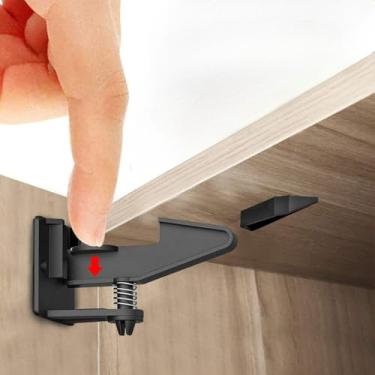 Imagem de 2 fechaduras de porta de armário para bebês e crianças, fechaduras de armário de segurança com mola de segurança anti-beliscão, trava de gaveta manual para armário de gaveta (preto)