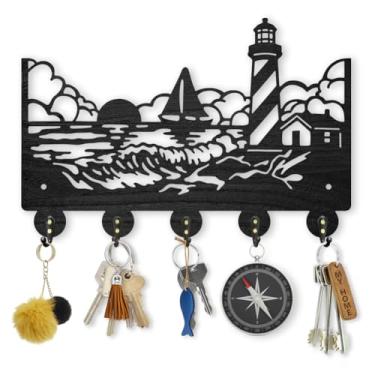 Imagem de MAYJOYDIY Suporte de chave de farol de madeira para parede para veleiro 29 × 19 cm, pôr do sol, oceano, suporte de parede, cabideiro, com 5 ganchos de liga para entrada, cozinha, escritório, quarto