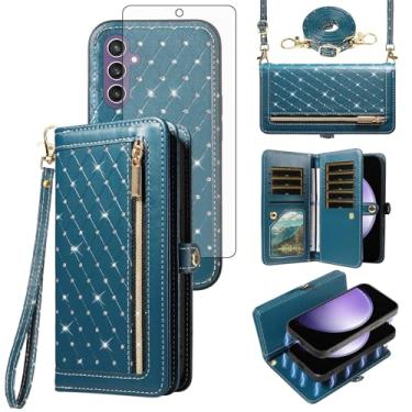 Imagem de Capa de celular para Samsung Galaxy S23 FE 5G Carteira com zíper destacável com protetor de tela de vidro temperado alça transversal Bling Flip porta-cartão de crédito S 23 EF S23FE 23S mulheres