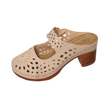 Imagem de Sapatos femininos de salto médio com bico aberto e salto grosso para o verão, casual, cabedal de poliuretano, confortável, Bege, 36