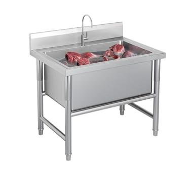 Imagem de Pia de tigela única grande, pia industrial de cozinha, pia independente de aço inoxidável, 1 compartimento para pia de cozinha comercial, pia utilitária com backsplash (60 x 60 x 80 cm/23,6 x 23,6 x