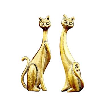 Imagem de SAINWORDS Estátua de gato amoroso estatueta família metal cobre latão portátil tamanho mini escultura Aimal decoração de casa mesa de escritório decoração de mesa decoração de painel de carro