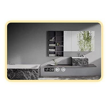 Imagem de TRGCJGH Espelho de banheiro LED inteligente com iluminação montado na parede Espelho de maquiagem traseiro iluminado para banheiro Função antiembaçante e impermeável, luz quente - 60 x 90 cm