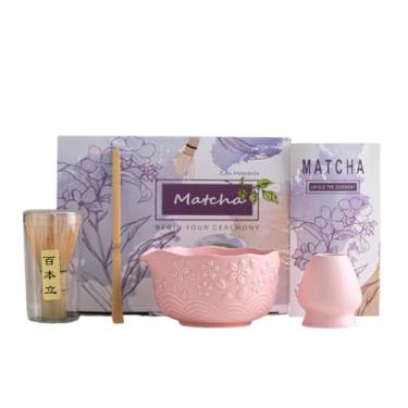 Imagem de Conjunto de xícara chá matcha cerâmica 4 peças com flor cerejeira em relevo bico prático artesanato exquisito design artístico Zen japonês caixa prese
